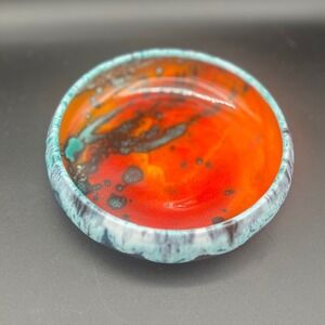 Ana Clara Signed Studio Pottery Art Bowl Orange Red Turquoise Drip Glaze Ceramic